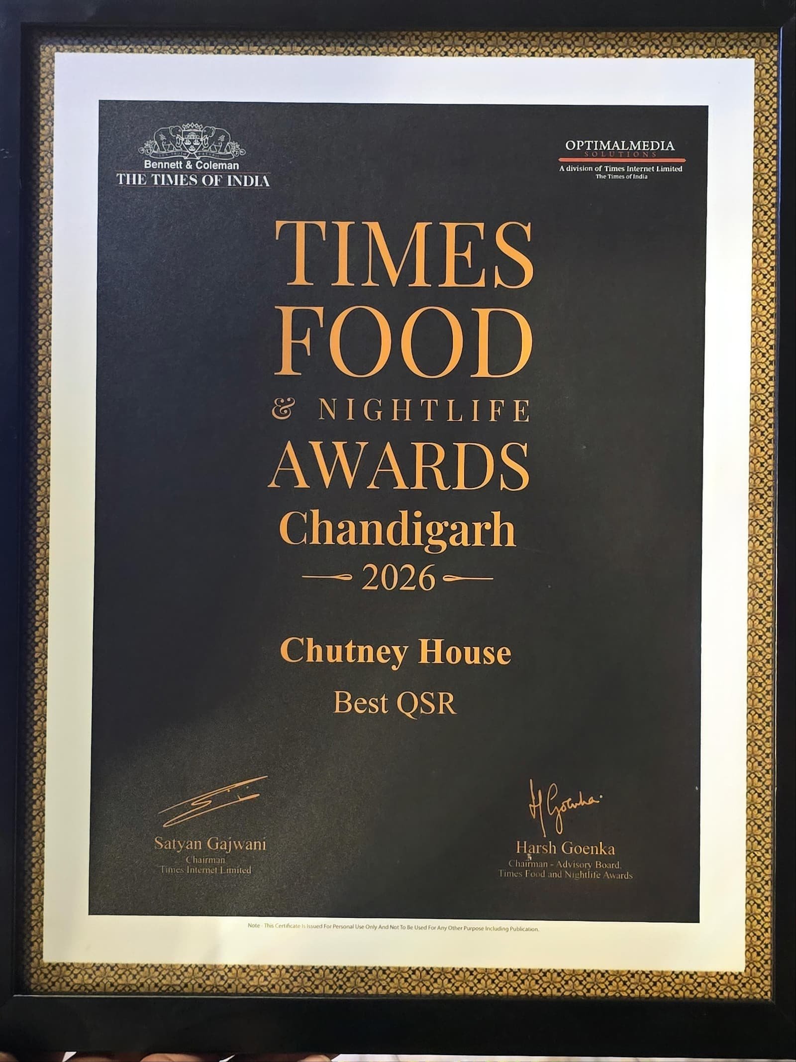 Times Food and Nightlife Award certificate